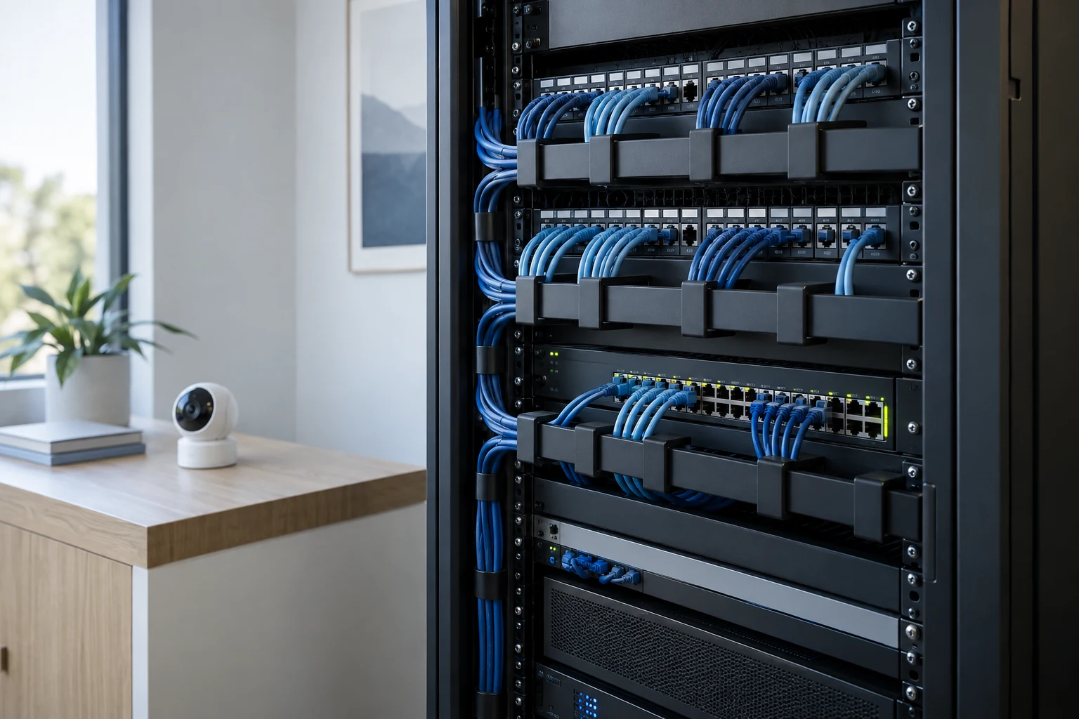 Rack de telecomunicações com cabeamento organizado e câmera de CFTV